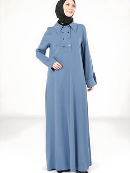 İndigo Yakalı Düğme Detaylı Elbise