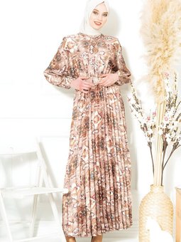 Kahve Twill İpek Kemerli Düğmeli Elbise