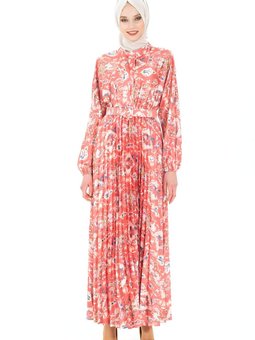 Kahve Twill İpek Kemerli Kırmızı Düğmeli Elbise