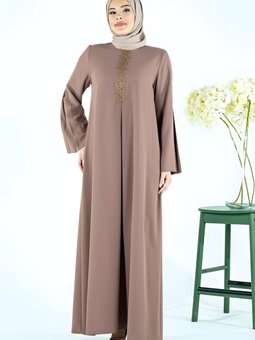 Kahverengi A Kesim Pilili Önü Dantel Boncuk Detaylı Elbise