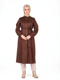 Kahverengi Süet Kumaş Ön Kısmı Düğmeli Giyçık