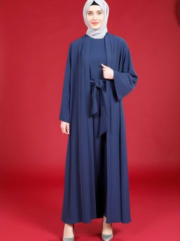 Lacivert Abaya Önü Bağlamalı Geniş Manşet Ferace