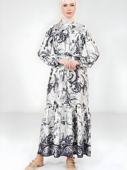 Lacivert Baskılı Kemerli Elbise