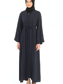 Lacivert Beli Bağcıklı Kolu Taş İşlemeli Ferace