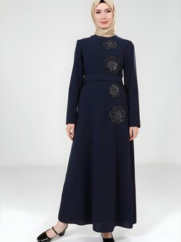 Lacivert Çiçek Taş Desenli Abiye Elbise