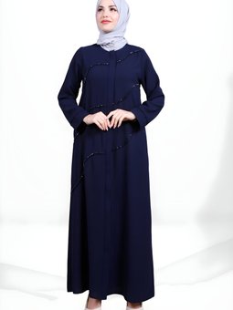 Lacivert Fermuarlı Boncuk İşlemeli Ferace