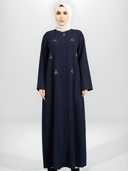 Lacivert Fermuarlı Taş Aksesuarlı Yandan Cepli Ferace