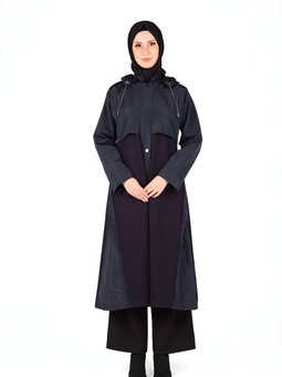 Lacivert Kapüşonlu Fermuarlı Kap