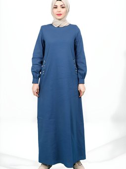 Lacivert Keten Bisiklet Yaka Boncuk Detaylı Elbise