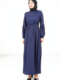 Lacivert Kolu Örgülü Elbise