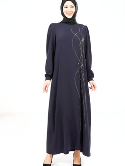 Lacivert Omuz Pileli Elbise