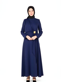 Lacivert Ön Kısmı Tokalı Elbise