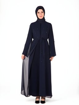 Lacivert Serpme Taş Detaylı Abaya Ferace Takım