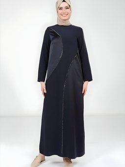 Lacivert Taş Detaylı Abiye Elbise
