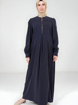 Lacivert Yakası Fermuarlı Elbise