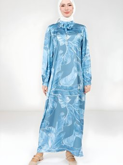 Mavi Baskılı Boynu Kuşak Detaylı Elbise