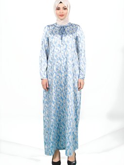 Mavi Kareli Saten İpli Yakalı Abiye Elbise