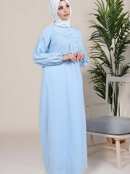 Mavi Robası Ve Kolları Büzgülü Elbise