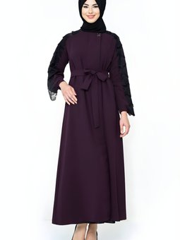 Mürdüm Dantelli Gizli Fermuarlı Ferace