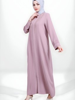 Pembe Nervürlü Fermuarlı Taş İşlemeli Ferace