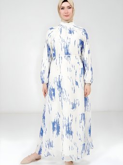 Saks Mavisi Baskılı Beyaz Elbise