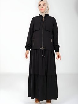 Siyah Ceket Kolu Lastikli Fermuarlı Elbise