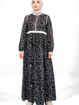 Siyah Çiçek Desenli Beli Ayarlanabilir Üstü Kapama Detaylı Elbise