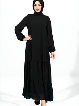 Siyah Eteği Fırfırlı Lastik Kollu Elbise