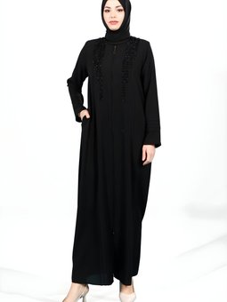 Siyah Fermuarlı Nervürlü Taş İşlemeli Ferace