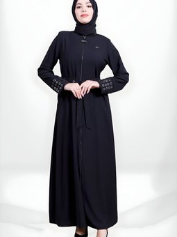 Siyah Fermuarlı Seyyar Kuşaklı Ferace