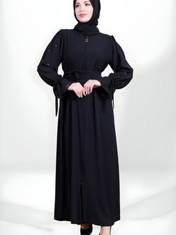 Siyah Fermuarlı Taşlı Şifon Detaylı Kemerli Ferace