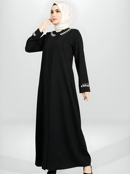 Siyah Fermuarlı Yaka Kol İşlemeli Ferace