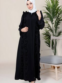 Siyah İdil Volan Detaylı Dantel Kollu Ferace