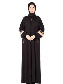 Siyah İznik Lastik Kollu Fermuar Detaylı Ferace