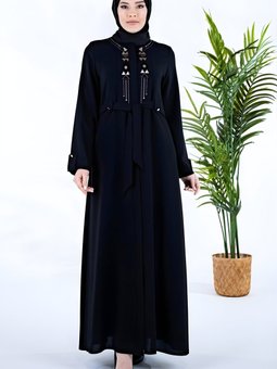 Siyah Mısır Kuşaklı Nakış Detaylı Ferace