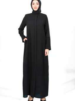 Siyah Nervürlü Fermuarlı Yandan Cepli Ferace