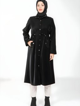 Siyah Parlak Kumaş Metal Düğmeli Giy Çık Kap