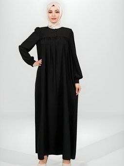 Siyah Robadan Kesim Manşeti Düğmeli Elbise