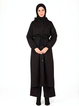 Siyah Seyyar Kapüşonlu Trençkot