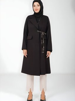 Siyah Uzun Bağlama Detaylı Ceket