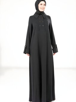 Siyah Yakalı Düğme Detaylı Elbise