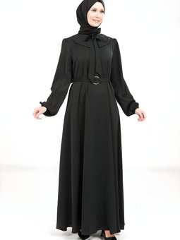 Siyah Yakası Kurdele Beli Kuşak Detaylı Elbise