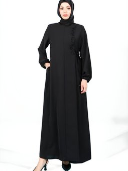 Siyah Yandan Bağlamalı Nakış Detaylı Ferace