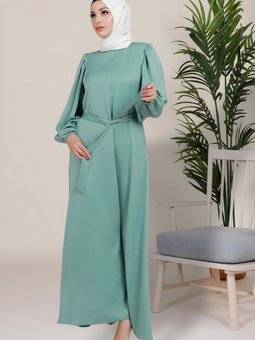 Turkuaz Hare Balon Kol Elbise