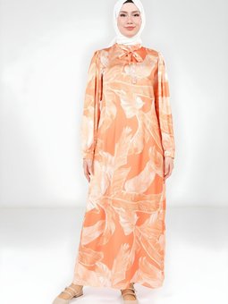 Turuncu Baskılı Boynu Kuşak Detaylı Elbise