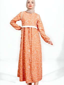 Turuncu Çiçek Desenli Beli Ayarlanabilir Üstü Kapama Detaylı Elbise