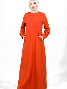 Turuncu Keten Bisiklet Yaka Boncuk Detaylı Elbise