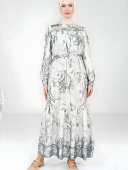 Yeşil Baskılı Kemerli Elbise