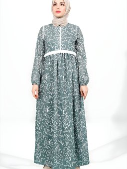 Yeşil Çiçek Desenli Beli Ayarlanabilir Üstü Kapama Detaylı Elbise