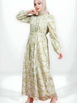 Yeşil Desenli Kuşaklı Gömlek Elbise